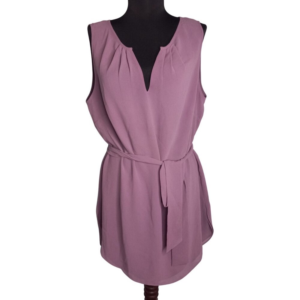 WHBM M Tunic Blouse Tank Top Purple Sleeveless Tie Waist Notched Neckline Sheer